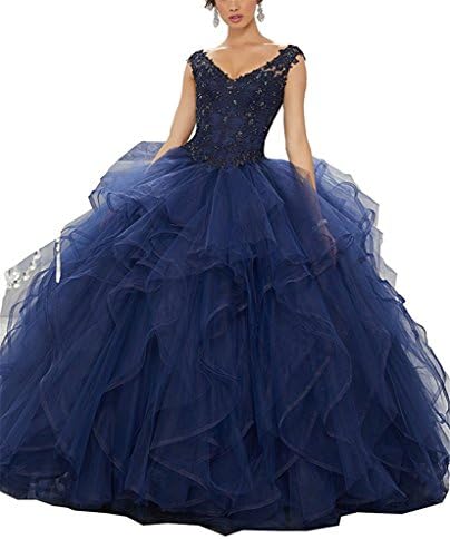 XSWPL Womens Appliques Beads V neck Ball Gown Prom Tulle Layers Swwet 16 Quinceanera Dresses Navy Blue US6