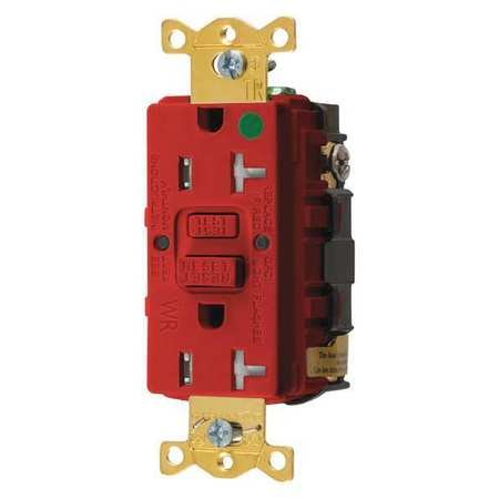 Hubbell GFTWRST83R Gfci Heavy Use Receptacle, 20 Amps, Tamper/Weather Resistant, 5-20R, Decorator, Self-Testing: YES, Red