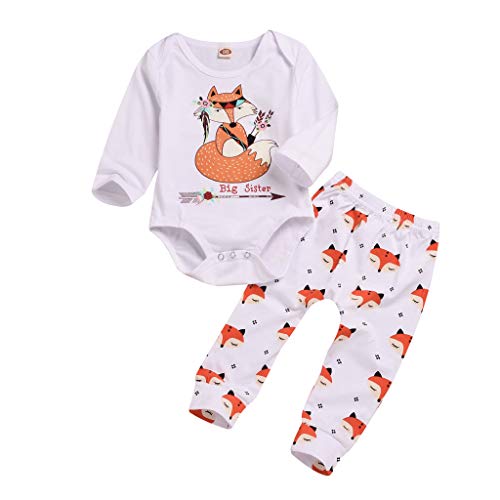 Little Story 6M-4Y Middle and Small Children's Girls Alphabet Long Sleeve Fox Print Hakama + Trousers Sisters Toddler Infant White