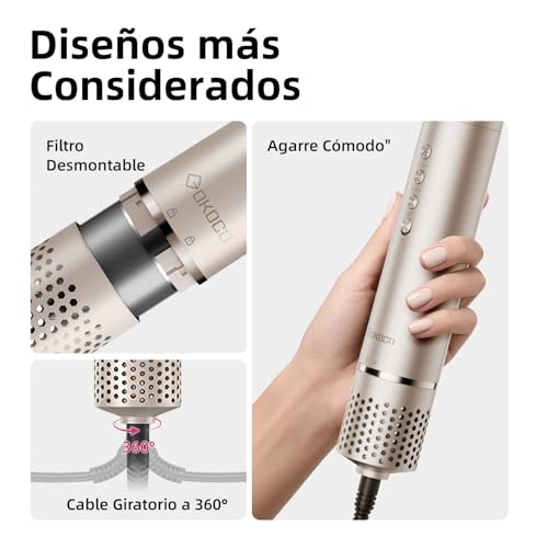 Secador de Cabello alta Velocidad 5 en 1 Kit Profesional, 120000rpm Boquillas + Cepillo + Rizador de Pelo, Tecnología Iónica Secadora de Pelo para Rizar, Voluminizar y Alisar, Oro