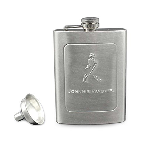 Brand New Brushed Stainless Steel Hip Flask & Funnel Set Leak-Proof Pocket Flagon Great for Whiskey Vodka Rum 8Oz / 240mL BPA Free Johnnie Walker