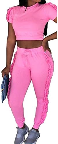 Spirio Women Crewneck Ruffles Tops Two Pieces Club Pants Tracksuit Outfit Set Pink S