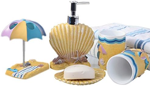 HOALLME Cartoon Resin Sea Beach Shell Style Bathroom Accessories Set Children Bathroom Bath Products Toothbrush Holder/Cup/Dispenser/Soap Dish Kids Christmas New Year Birthday Gift 5Pcs/set