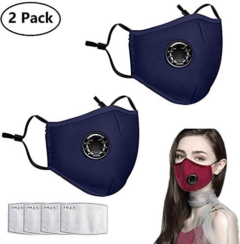 2 Pack Dust Mask Mouth Respirator, Safety Reuseable Washable Anti PM2.5 Air Pollution Smoke Breathing Face Mask for Outdoor, with 4 Replaceable Filters (Navy Blue,2 Pack)