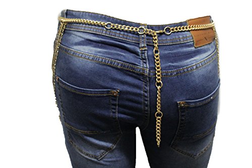 TFJ Women Fashion Belt Hip Waist Gold Metal Chains Side Long Waves Hips S M L