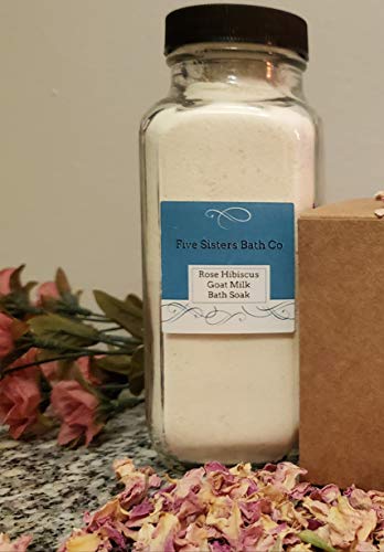 Hydrating Rose Hibiscus Goat Milk Salt Bath Bath Milk Soak by Five Sisters Bath Co | 100% Natural Goat Milk Mineral Bath Salts for Soaking | Goat Milk 8 Oz Glass Jars Salt Scrub