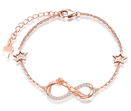MicLee Woman's girl's Bracelet, 925 Sterling Silver bracelet, Rose flower and infinity symbol bracelet, with mini hollow star, Inlaid zircon, adjustable chain, design of flower bracelet