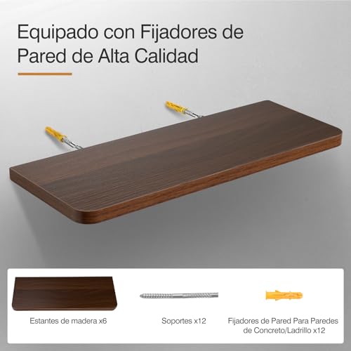 OSLIFE Set de 6 Repisas Flotantes de Madera,Estante Flotante Minimalistas Pantalla Colgante Decorativa,Soportan hasta 10 kg,para Decoración de Decorar tu Cocina,Sala,Baño,Cuarto (Marrón, (40 x 15cm))