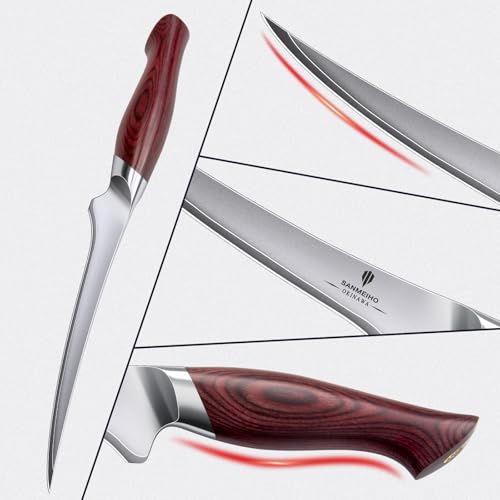 SANMEIHO OKINAWA Series Filleting Knife 18 cm, Sharp Boning Knife for Meat, Japanese 10Cr15Mov Super High Carbon Steel, Professional Kitchen Fish Knife with Flexible Blade and Ergonomic Pakka Wood | Japanischem 10Cr15Mov-Superhartstahl, Profi Fischmesser mit Flexibler Klinge und Ergonomischem Pakkaholzgriff- OKINAWA Series