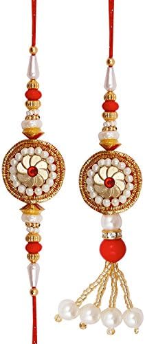 Lumba Rakhi Set for Brother Bhaiya Bhabhi Designed in Shining Pearls for Rakshabandhan Rakhee Bracelet Multicolor