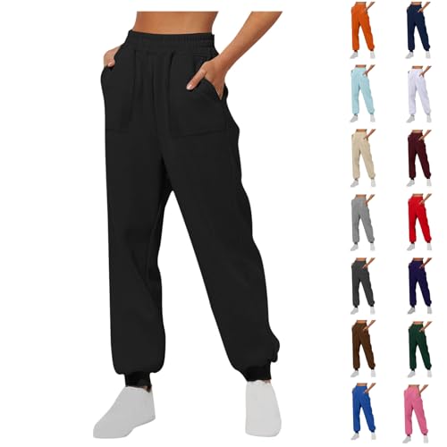 Ladies Joggers UK Women Fleece Plain Tracksuit Casual Tracksuit Bottoms Elastic Waist Drawstring Sports Trousers Tapered Leg Sweatpants with Pockets Ladies Fashion Pants for Winter Black