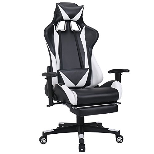 Zenith High Back PU Leather Swivel Gaming Chair with Adjustable Armrest Lumbar Support Headrest Footrest Racing Office Chair (white plus)