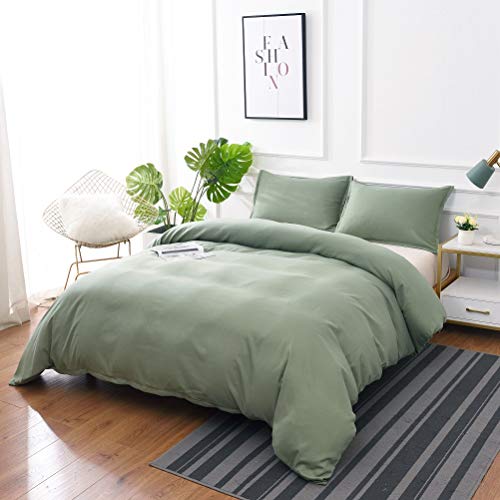 M&Meagle 3 Pieces Green Duvet Cover Set with Zipper Clousure,100% Stone Washed Process Microfiber,Ultra Soft and Easy Care,Simple Style Bedding Set-Queen Size(1 Duvet Cover 2 Pillowcases)