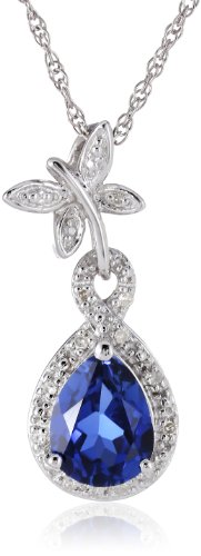 Sterling Silver Created-Blue-Sapphire and Diamond Dragonfly Pendant Necklace (0.06 cttw, I-J Color, I2-I3 Clarity), 18"