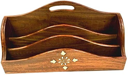 The Blue Mango Shesham Wood 3 compartment letter rack with brass inlaid decoration