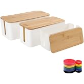 Cable Management Box Organizer, Set of 3 Bamboo Lid Storage Wires Holder to Cover Hide Surge Protector, Power Strips &amp; Cords- with 5 Cables Fastening Tapes for Home, Office, Desk, PC, TV, USB Hub