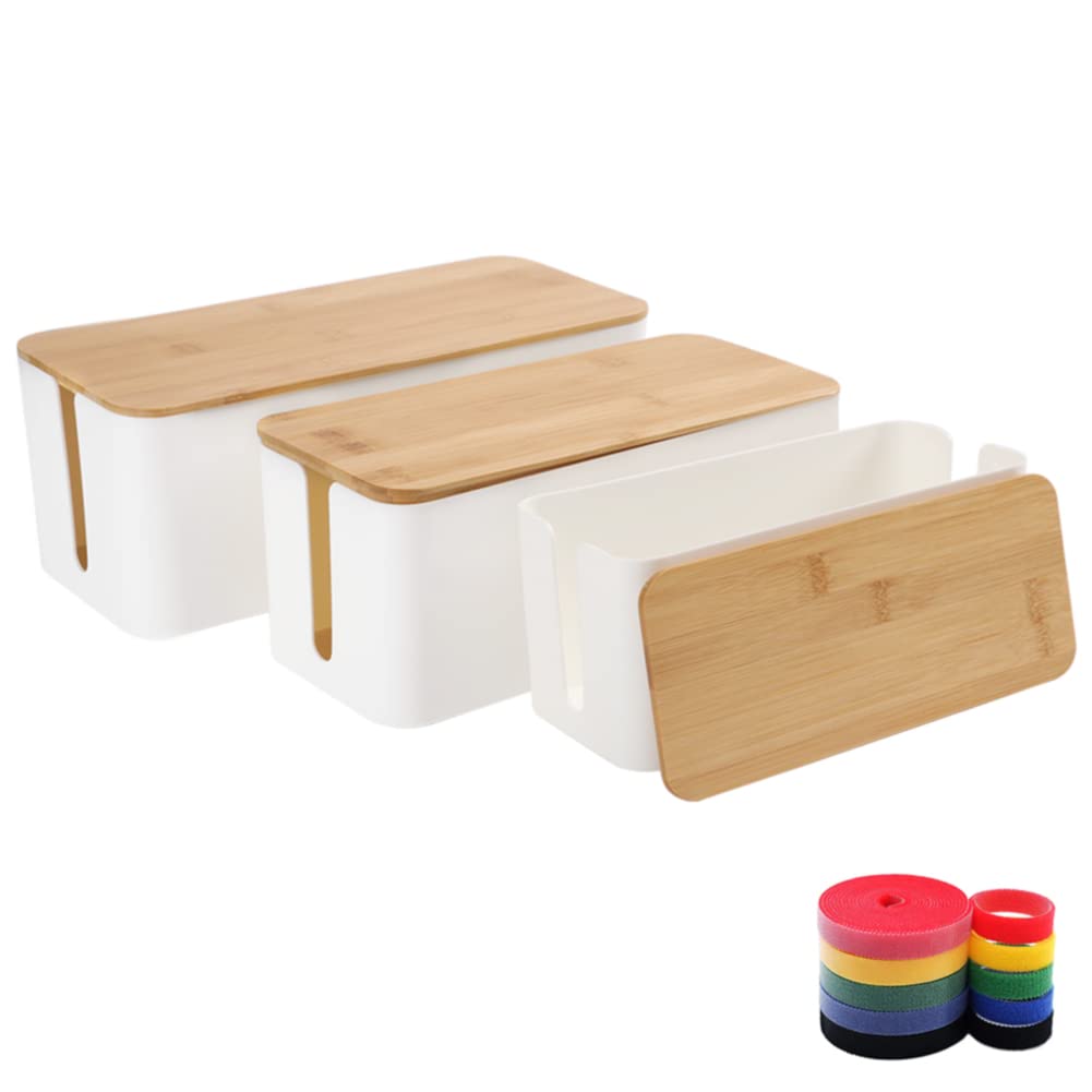 Photo 1 of Cable Management Box Organizer, Set of 3 Bamboo Lid Storage Wires Holder to Cover Hide Surge Protector, Power Strips & Cords- with 5 Cables Fastening Tapes for Home, Office, Desk, PC, TV, USB Hub
