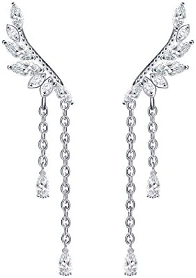 QUKE 925 Sterling Silver Angel's wings Cubic Zirconia Crystal Dangle Ear Cuff Climber Earring for Girls Women
