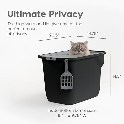 IRIS USA Arenero Rectangular para Gatos con Entrada Superior y Pala, Gran arenero para Gatos, arenero para Gatitos, Negro/Gris