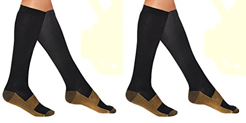ASR SocksCompression Copper Sock Graduated Below Knee High Over the Calf Sock Reduce Foot Feet Swelling Pain (2 Pairs Lg/XL Blk-Cu)