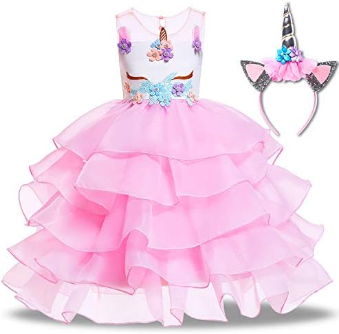 Girls Unicorn Dress Princess Tutu Rainbow Skirts with Unicorn Headband Birthday Wedding Party Tulle Dresses