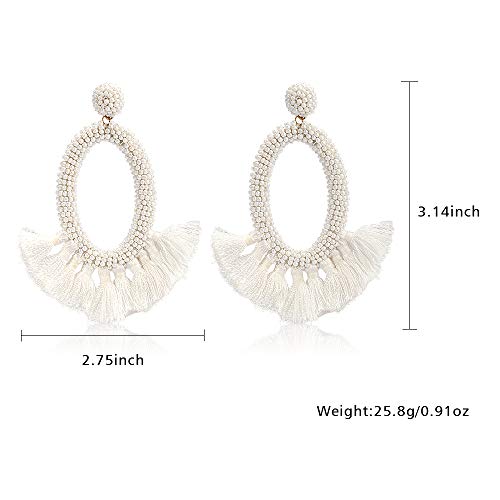Women's Beaded Tassel Earrings Long Fringe Drop Bohemian Earings Dangle 7 Colors (Bead-White)