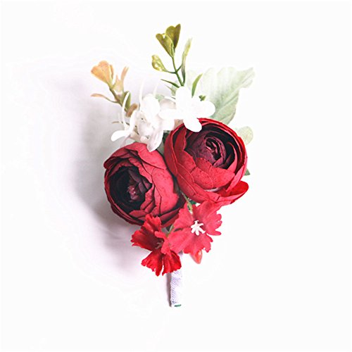 Artificial Silk Flowers Groom Boutonniere Women Bride Wrist Corsage Hand Wedding Flowers Decoration (red boutonniere) - Thumbnail 2