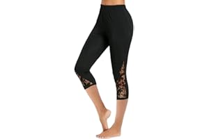 Akivide Womens Floral Lace Stitching Capri Leggings, Elastic High Waisted Stretch Soft Cropped Capris Pants Plus Size