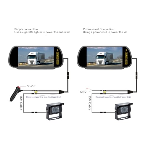 7" 4 Pin Mirror Monitor + 18 LED Night Vision Waterproof Rear View Camera with 15m Cable for Truck Caravan Trailer Motorhome 12V-24V