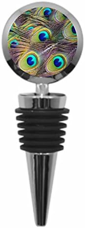 Lea Elliot Peacock Feathers Elegant Bird Pattern Print Design, Metal Wine Bottle Stopper, Round Shaped