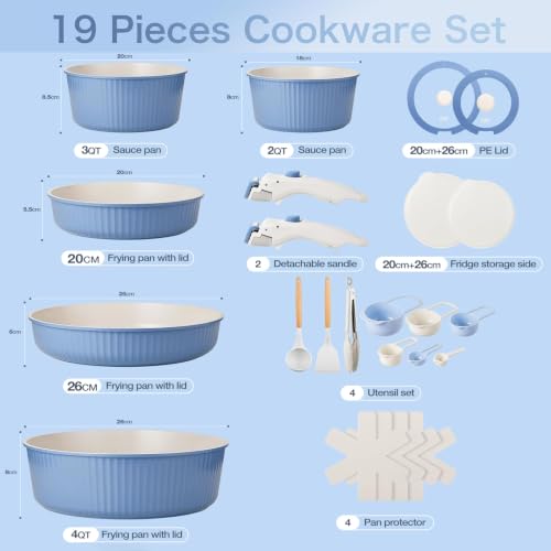 KOCH SYSTEME CS 19 Piece Non stick Ceramic Cookware Set, Pots and Pans Set with Detachable Handle, Induction Kitchen Cookware Sets, Cooking Pan Set with Removable Handle, RV Cookware Set, Blue