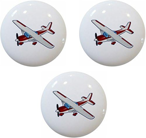 Red Airplane Aviation Ceramic Cabinet Drawer Pulls Knobs (Set of 3 Knobs)