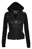 Women's Zip Up Faux Leather Motorcycle Jacket with Inset Fleece Hood and Sleeves