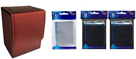Combo Premium DOUBLE SLEEVING KIT Bundle - RED Leatherette ION Deck Box + 100 BLACK GLOSS Finish Sleeves and 100 Perfect Fit Sleeves (fits Magic, Force of Will, Pokemon Cards)