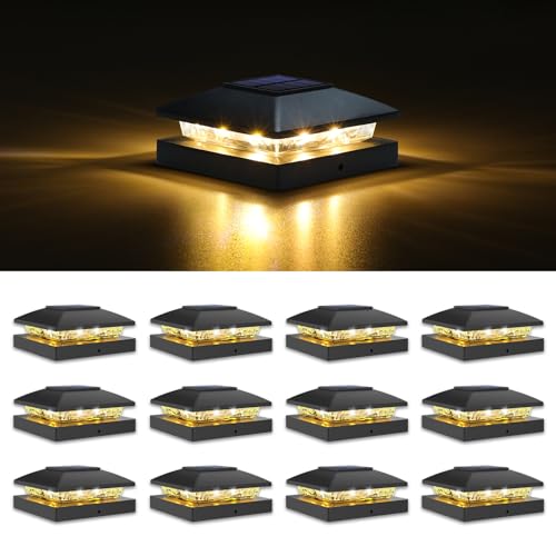 VOLISUN 4x4 Solar Post Cap Light 12pack,Solar Fence - Post Lights Outdoor Waterproof for Wooden/Vinyl Post,Black Deck Post Cap Light Solar Powered with Warm White for Garden/Patio/Porch