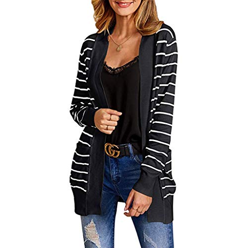 OSTELY Women Fashion Long Sleeve Striped Open Front Long Type Kimono Cardigans Outerwear(Black,XXL)