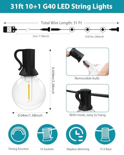 kolpop [Dimmable & Timing String Lights Outdoor, 9.7M/30FT Outdoor Lights, 10+1 LED Bulbs Waterproof String Lights Terrace Outdoor, Indoor Deco for Garden, Patio, Party