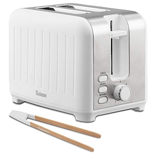 Twinzee Vintage Toaster White Retro Toaster 2 Slices Stainless Steel with Bamboo Clips