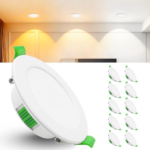 Laiebri Pack of 10 Pack Recessed LED 230 V White - Ceiling Spotlights IP44 - Recessed Ceiling Spotlights Ø68-80 mm, 2700 K/4000 K/6500K Ceiling Light LED Ceiling Light for Bathroom Kitchen