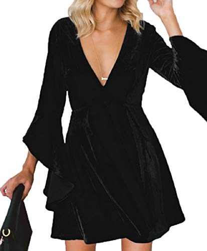 Womens Deep V Neck Flare Bell Sleeve Velvet Swing Pleated Mini Dress for Cocktail Party Club