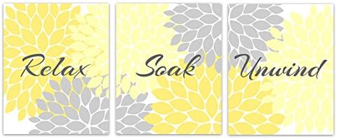 Yellow and Grey Floral Bathroom Décor Wall Art - Relax Soak Unwind - BATH90