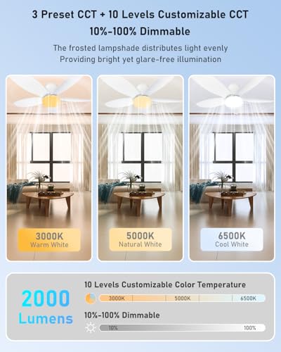 FYLXURO 106cm Ceiling Fans with Lights and Remote, 42'' Dimmable LED Ceiling Fan Light, 6 Speeds Reversible Quiet Low Profile Modern Fan, 3000K-6500K & Timer for Bedroom, Living Room (White 5-Blade)