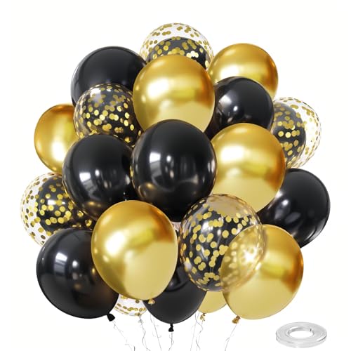 Black and Gold Confetti Balloons, 50 Pack Gold Metallic and Black Latex Balloons for Birthday Graduation Annivesary New Year Party Decorations.