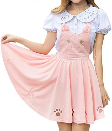 Focal20 Cat Design Suspender Skirt Cat Embroidery Dress Pad Hollow Out Princess Sleeveless Skirt Lolita Skirt