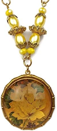 Yellow Rose &amp; Imitation Pearls Gold Plated Beaded Necklace Cameo Pendant