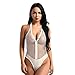 inlzdz Women's Lingerie Sheer Mesh Fishnet Halter Neck Backless Zip Up Leotard Teddy Bodysuit White Large