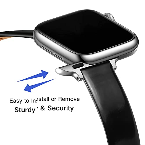 GONWEN Slim & Thin Leather Bands Compatible with Apple Watch Band 38mm 40mm 42mm 44mm, Top Grain Genuine Leather Band Replacement Wristband Strap for iWatch SE Series 6/5/4/3/2/1 (Bright Black/Silver, 38mm-40mm)