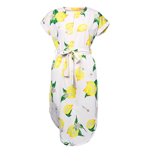 Women Sundress,Summer Short Sleeve V Neck Lemon Print Belted Midi Dresses Side Split (L, White)
