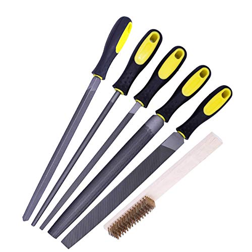 Fatmingo 5 Piece 10" High Carbon Steel Files Set Rubber Handles - Flat/Round/Square/Half Round Rasp Files Set Filing Metal/Wood/Leather with Storage Pouch and A Brass Brush