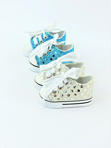 2 Pair Sequin Sneakers - Teal & Silver | Fits 18" American Girl Dolls, Madame Alexander, Our Generation, etc. | 18 Inch Doll Clothes